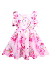 Girl's Princess Dress Sleeveless Ruffle Unicorn Print Dress