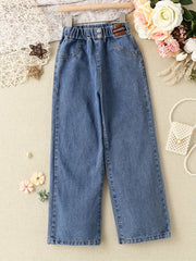 Girls Double Button Wide Leg Denim Pants