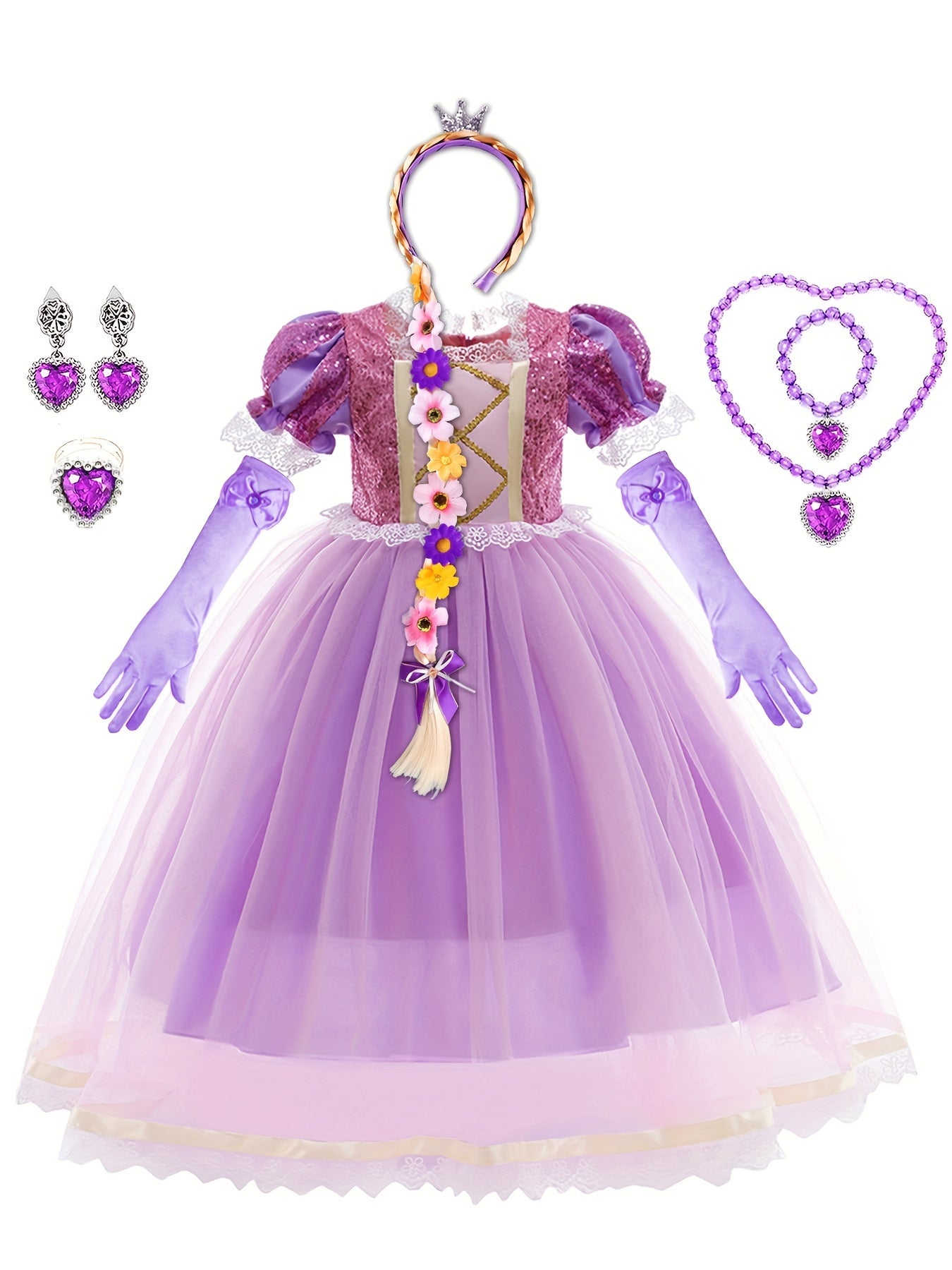 6pcs Girls Purple Princess Dress Costume Jewelry & Flower Hairband