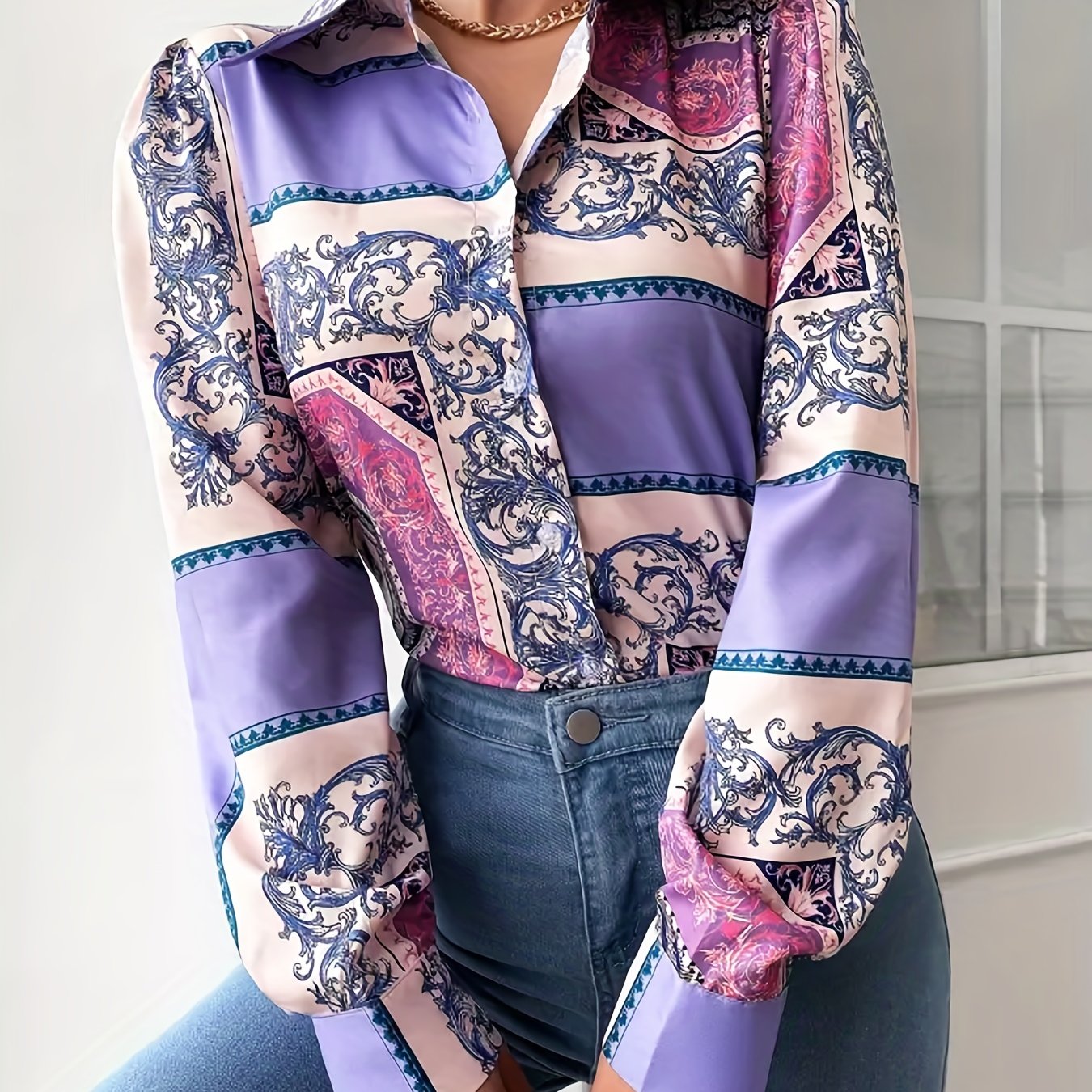 Colorblock Baroque Print Long Sleeve Blouse