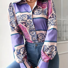 Colorblock Baroque Print Long Sleeve Blouse