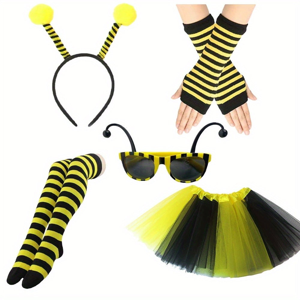 Women's Bee Game Costume Headband Glasses Sleeves Stockings Skirt for Halloween
