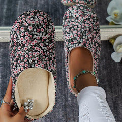 Floral Printed Plush Lined Slippers Warm Cozy Home Bedroom Mute Slippers