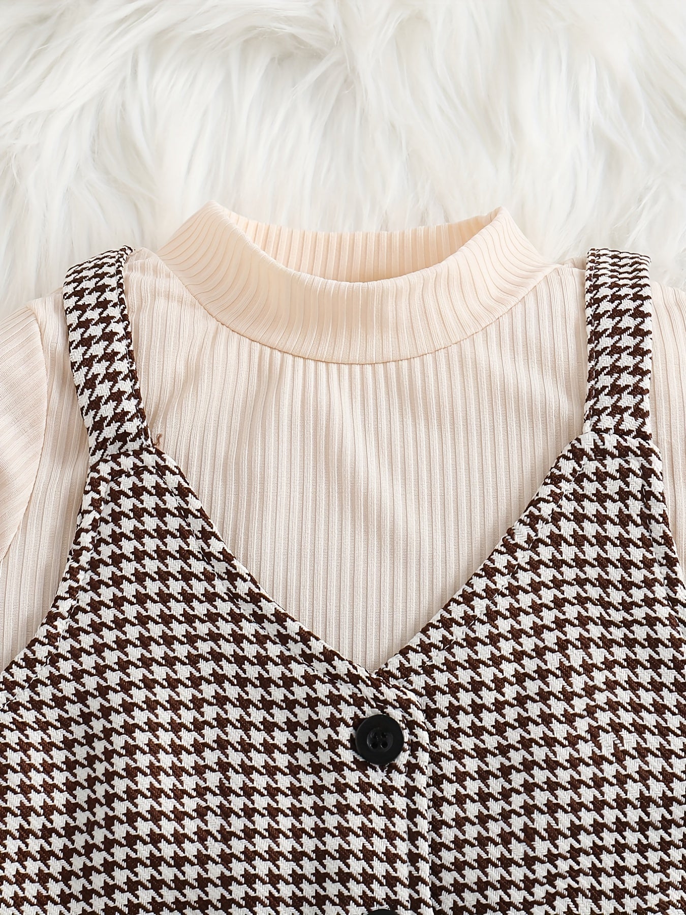 Girl's 2pcs Ribbed Top & Houndstooth Dress Set