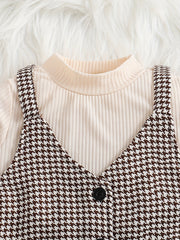 Girl's 2pcs Ribbed Top & Houndstooth Dress Set