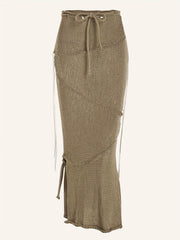 Knitted Drawstring Waist Side Shirring Skirt Casual Ankle Skirt