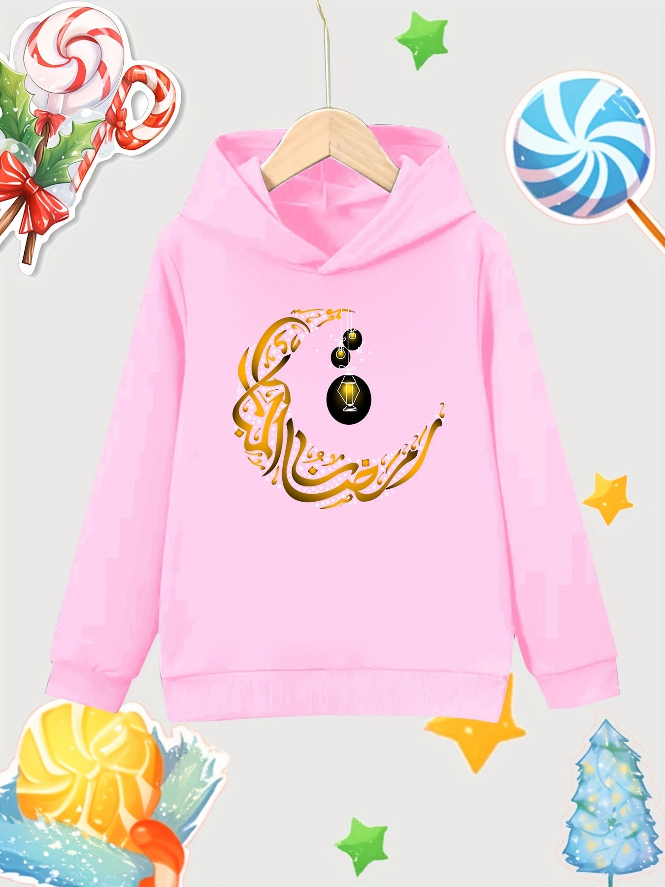 Moon Lantern Print Girls Cotton Pullover Hooded Sweatshirt for Autumn Winter