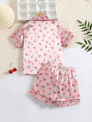 Girls Cherry Print Satin Pajama Set with Lapel Neck