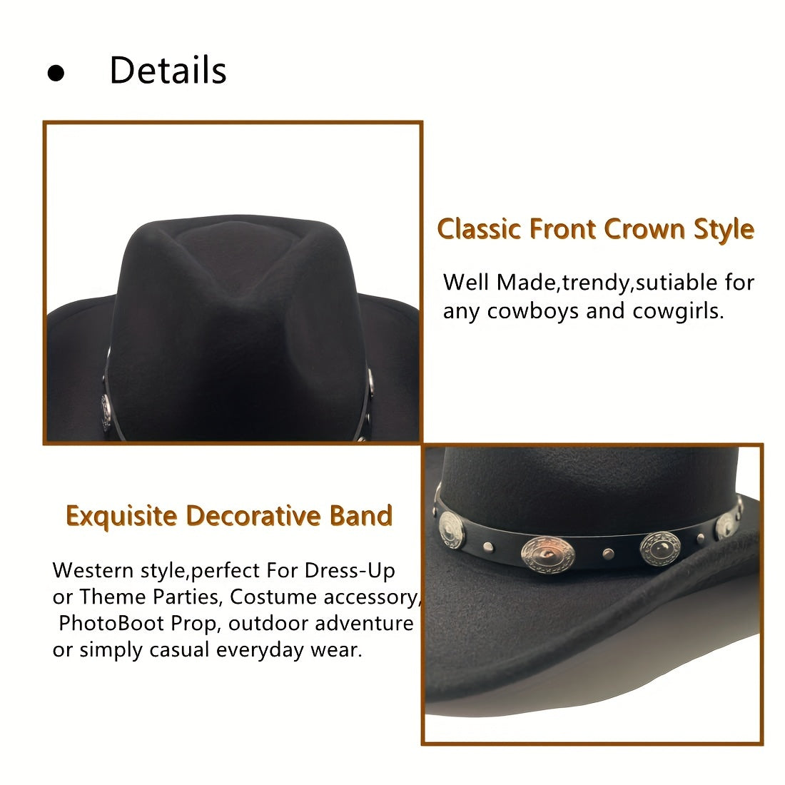 Classic Western Cowboy Hat Wide Brim Felt Fedora Hat