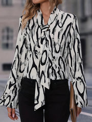Abstract Stripe Print Long Sleeve Tie Neck Blouse