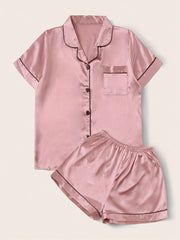 Satin Pajamas Set Short Sleeve Buttons Top & Shorts Women's Sleepwear