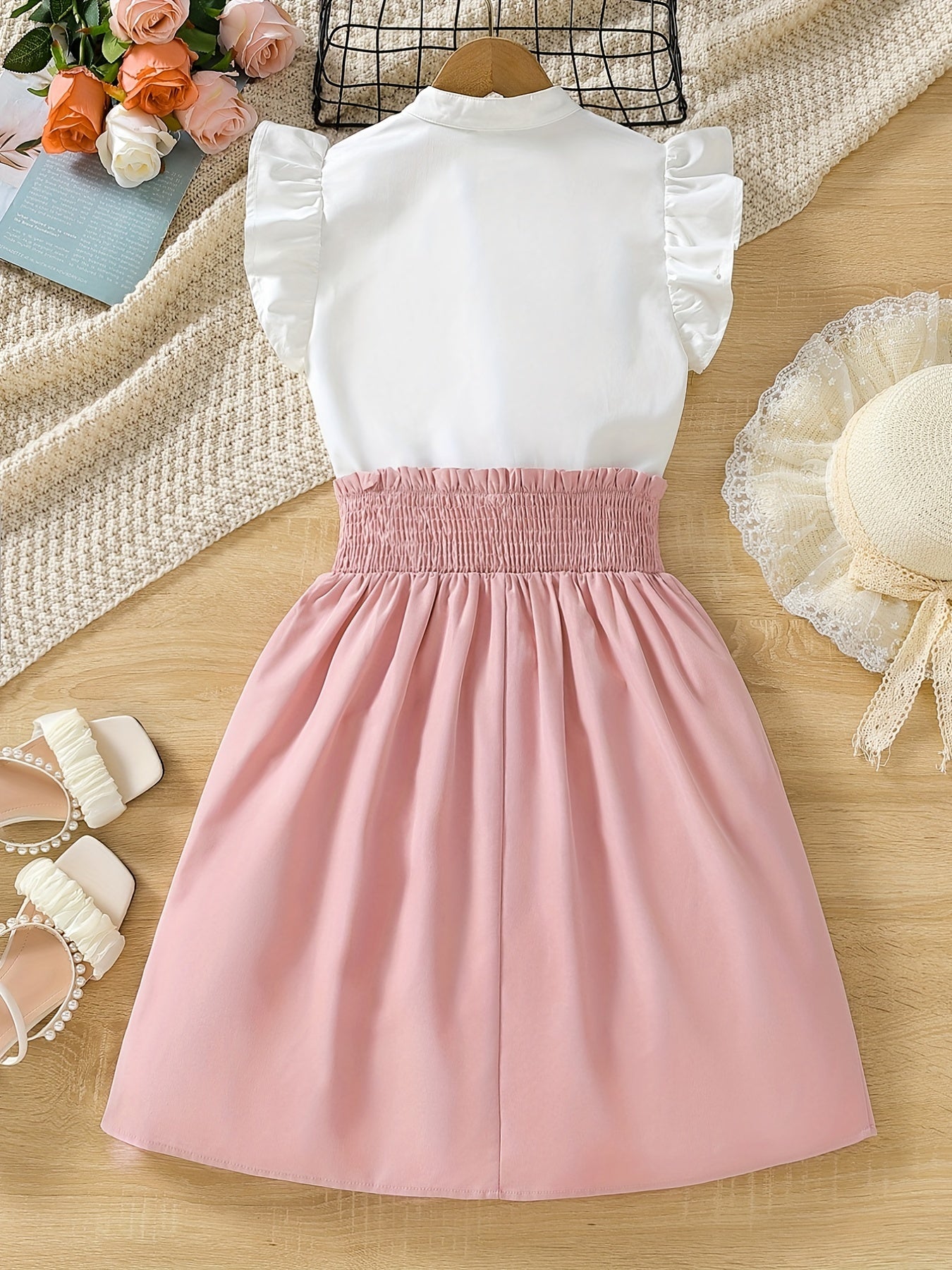 Girl's 2pcs Sleeveless Shirt & A line Skirt Set for Spring Summer