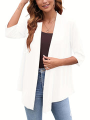 Solid Open Front Draped Cardigan 3/4 Sleeve Casual Cardigan