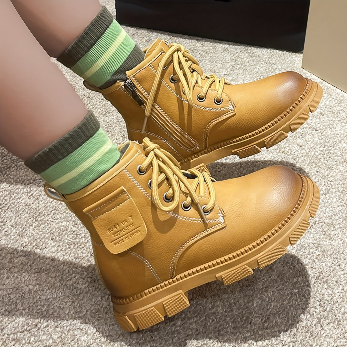 Boys Lace Up Zipper Boots, Non Slip, Comfortable, Indoor/Outdoor, Autumn/Winter