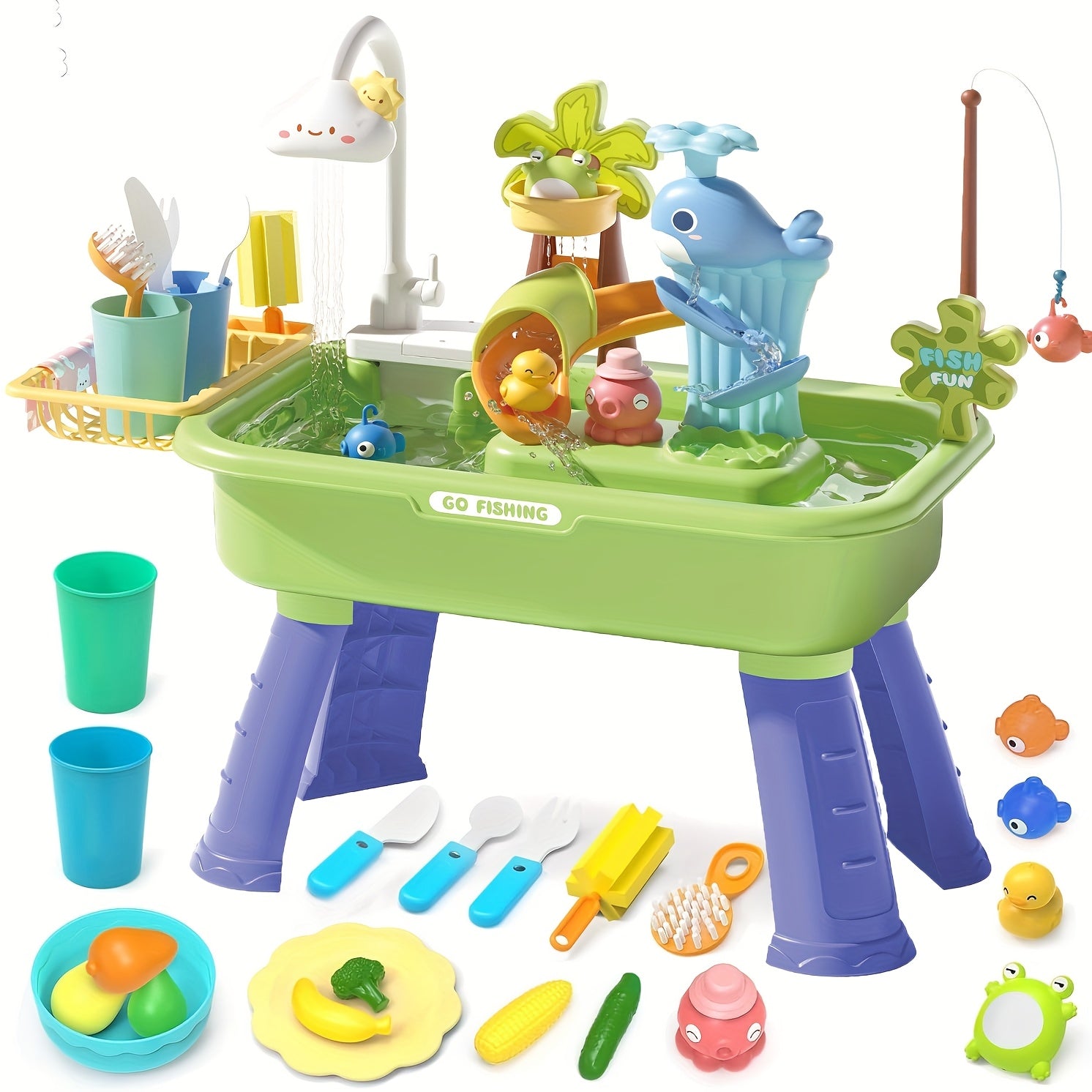 3in1 Sink Toy w/ Running Water Kitchen Food Fishing Toy Water Play Station