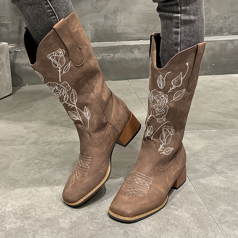 Western Embroidered Cowgirl Boots Chunky Heeled Mid Calf Boots