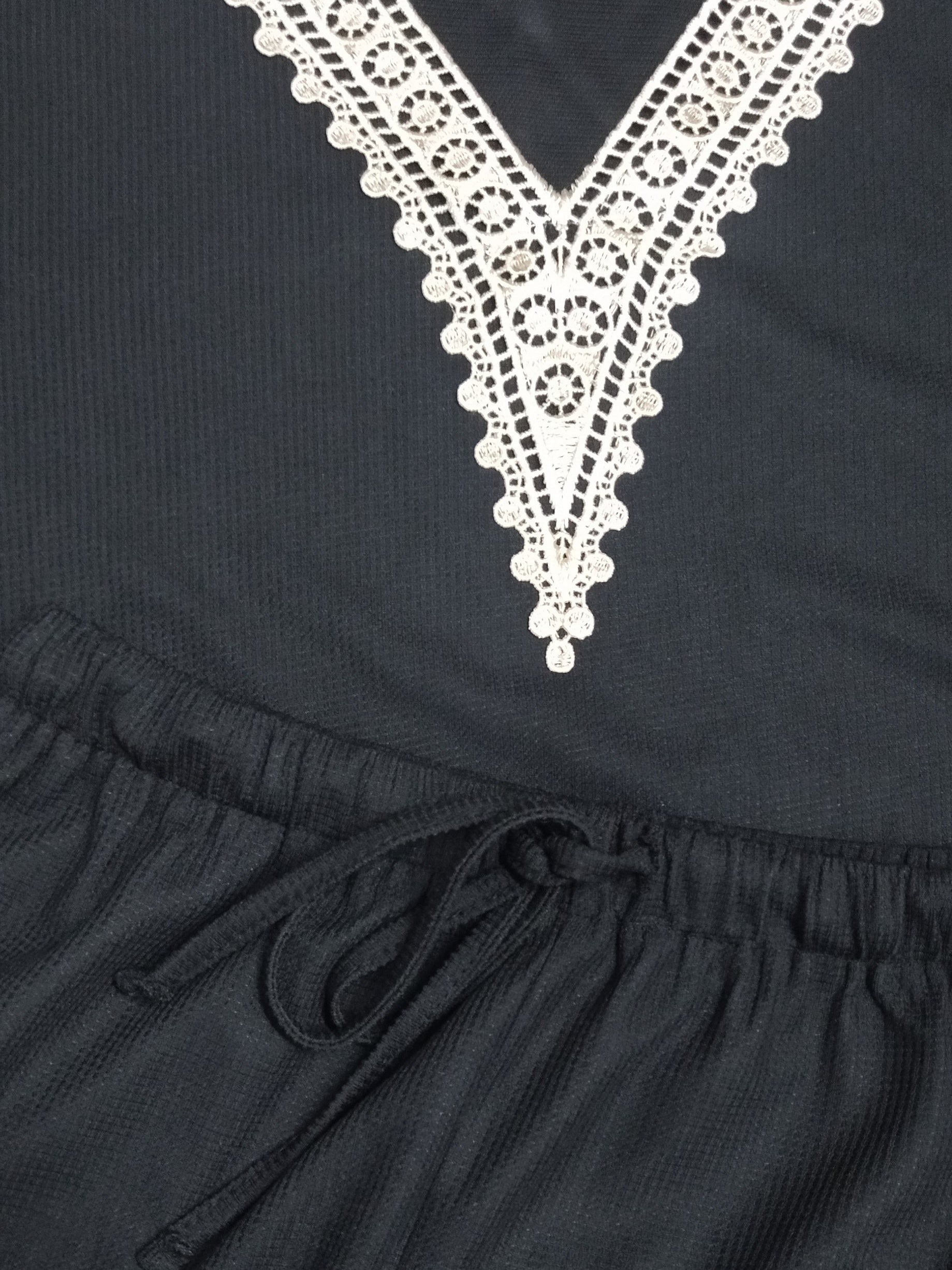 Waffle Casual Set Lace Long Sleeve Tops & Drawstring Shorts