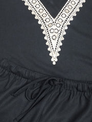 Waffle Casual Set Lace Long Sleeve Tops & Drawstring Shorts