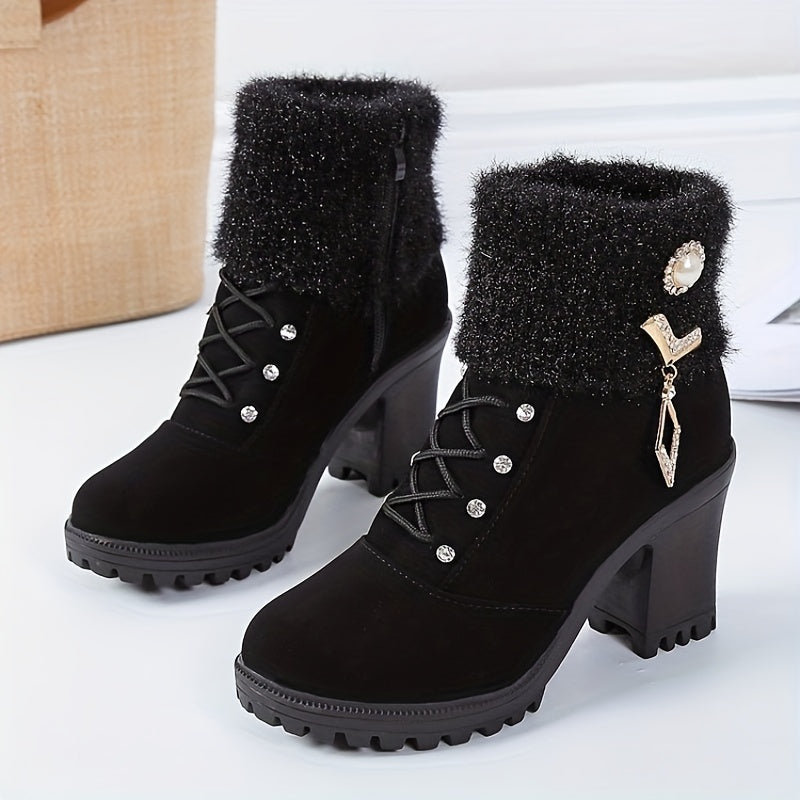 Women's Rhinestone Decor Velvet Boots Chunky Heel Winter Shoes