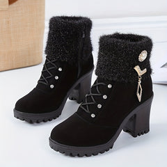 Women's Rhinestone Decor Velvet Boots Chunky Heel Winter Shoes