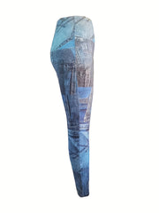 Denim Print High Waist Leggings Casual Skinny Leggings