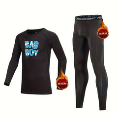 2pcs Kids Compression Fleece Sets Cartoon Letter Pattern Pullover Pants