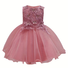 Girls Sleeveless Princess Dress Flower Embroidery Bow Tulle Tutu Dress
