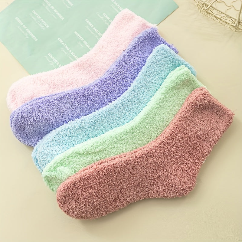5 Pairs Fuzzy Crew Socks, Comfy & Warm Women's Stockings