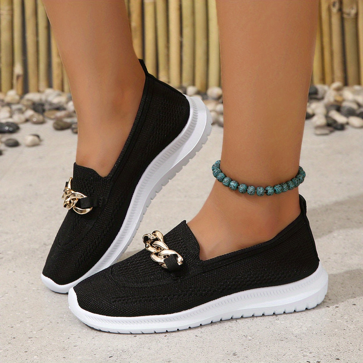 Metallic Chain Slip-On Round Toe Flat Shoes Low Flying Woven Comfy