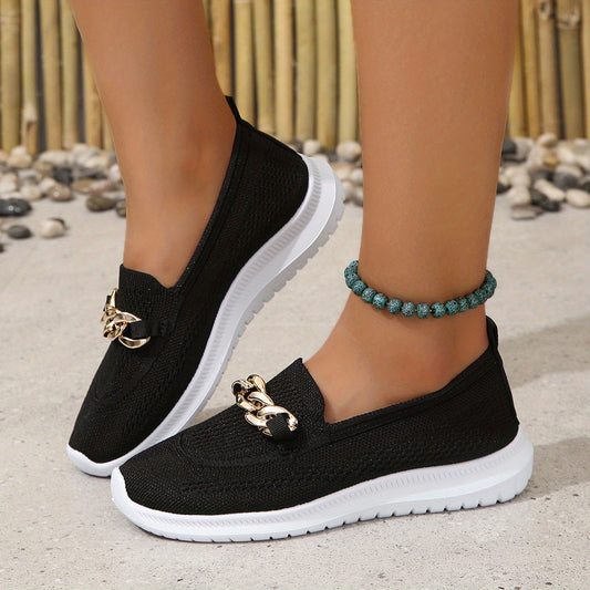 Metallic Chain Slip-On Round Toe Flat Shoes Low Flying Woven Comfy