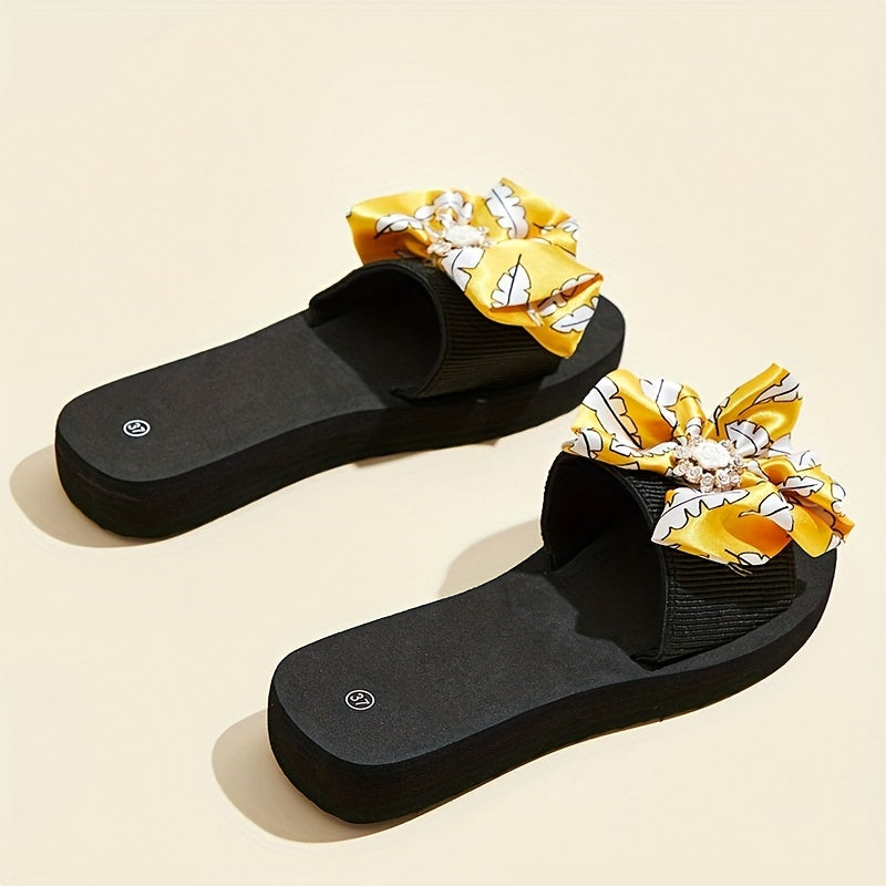 Women's Rhinestone & Bowknot Sandals Summer Thick Sole Slip On Shoes
