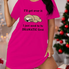 Plus Size Sloth Print Short Sleeve Tee Sleep Dress