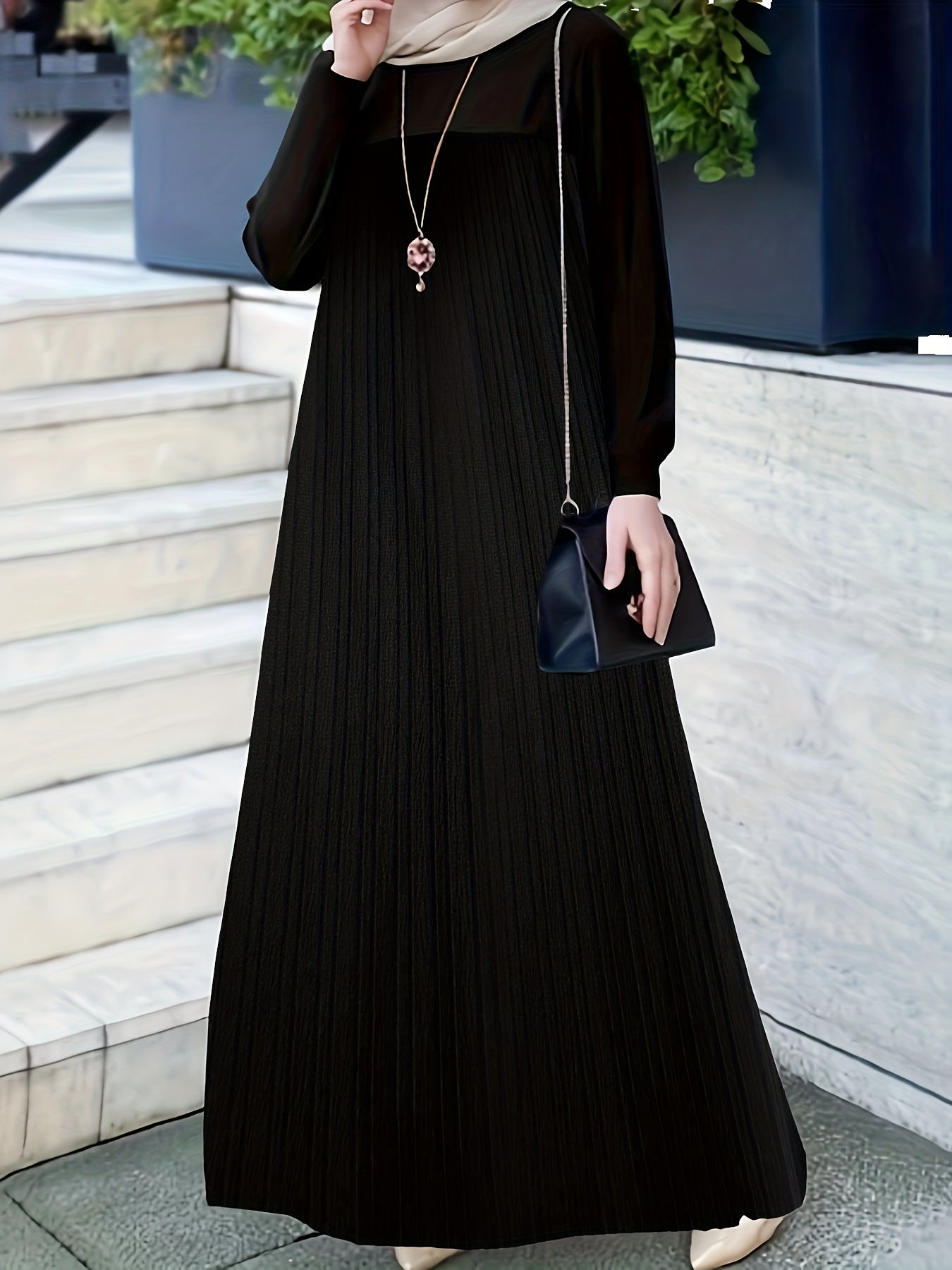 Abaya Dress Women's Solid Long Sleeve Ribbed Knit Maxi Dress