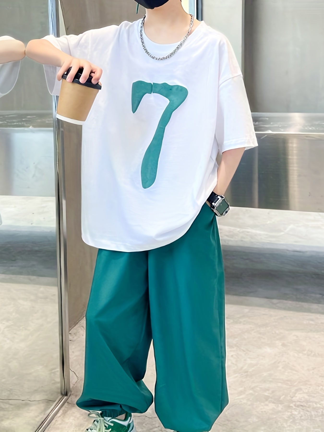 Boy's 2pcs T shirt & Pants Set Number 7 Print Short Sleeve Top Clash Casual Outf