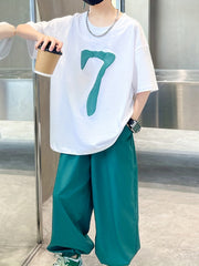 Boy's 2pcs T shirt & Pants Set Number 7 Print Short Sleeve Top Clash Casual Outf