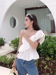Asymmetrical Spaghetti Strap Top with Ruffle Trim - Summer Women's Clothing