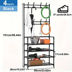 Metal Entrance Coat Rack Shoe Rack w/ 4 Storage Shelves & 8 Double Hooks