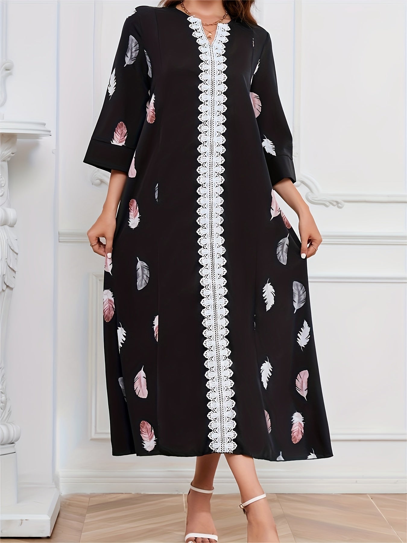 Feather Print Lace Sleeve Maxi Dress