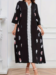 Feather Print Lace Sleeve Maxi Dress