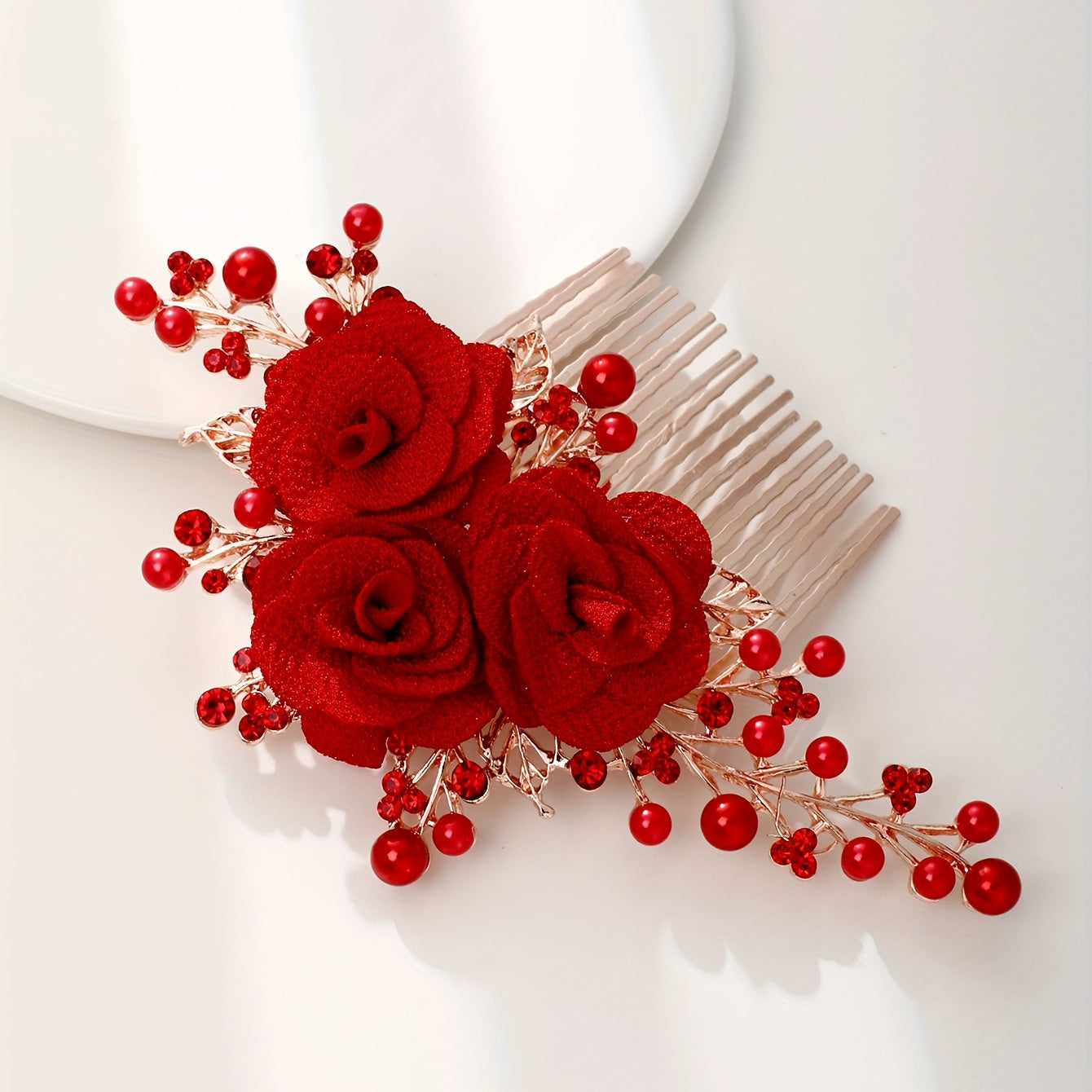 Red Flower Hair Comb Vintage Insert Comb Bridal Headdress Hair Comb