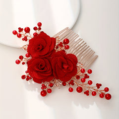 Red Flower Hair Comb Vintage Insert Comb Bridal Headdress Hair Comb