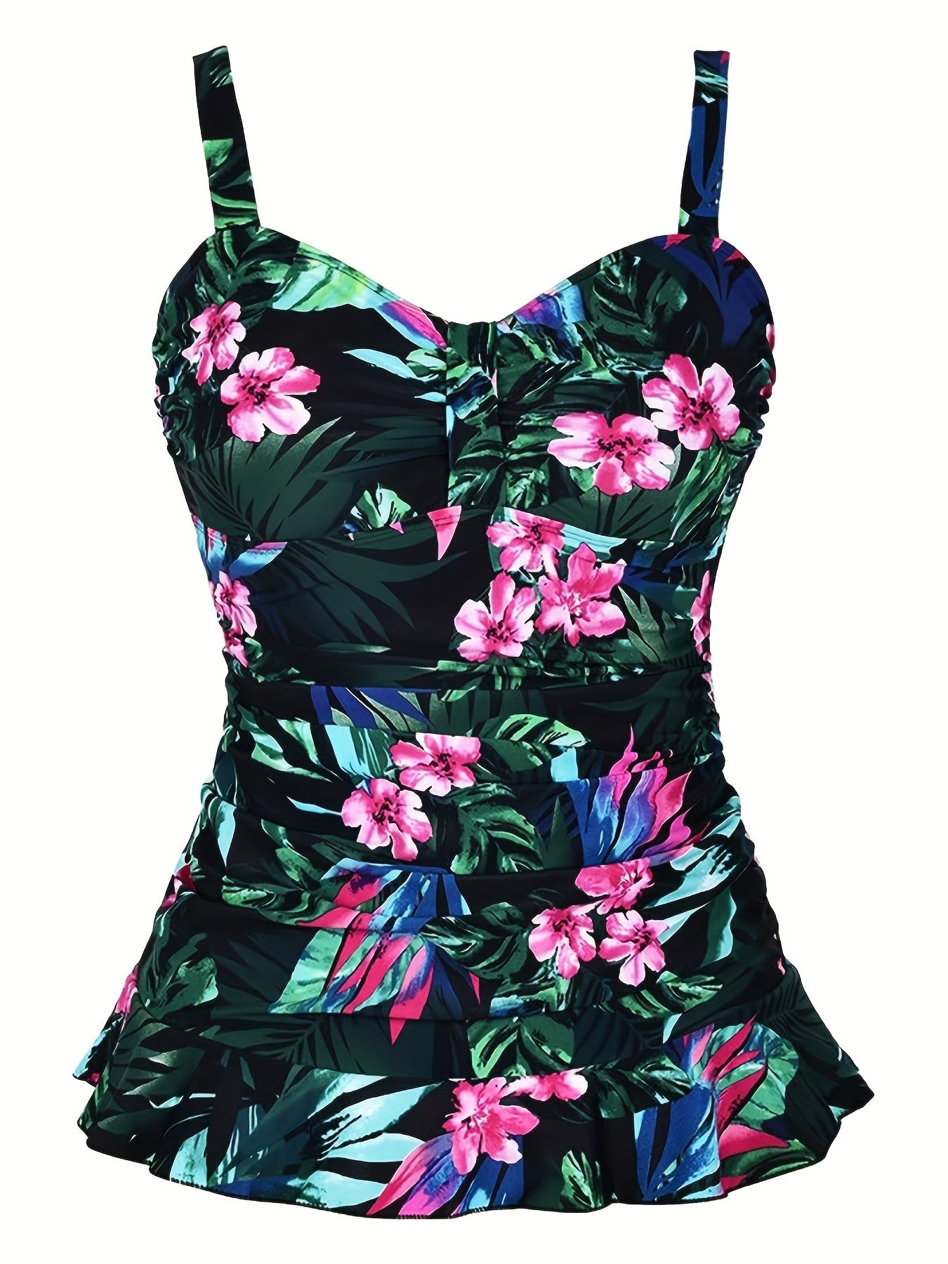Tropical Print Tankini Set with Ruffle Trim Cami Top & Bottoms