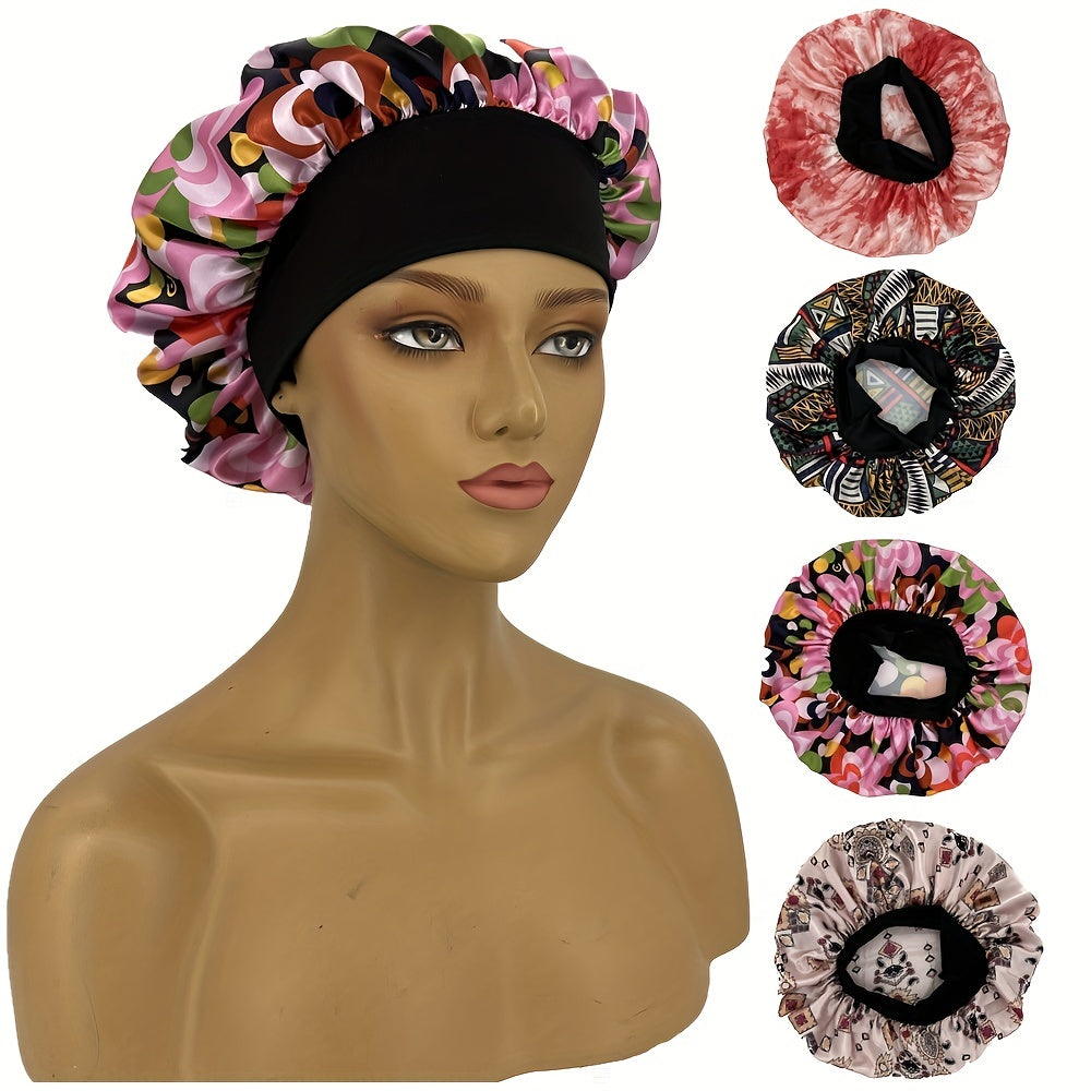 Cartoon Flower Print Satin Bonnet Elastic Hair Cap
