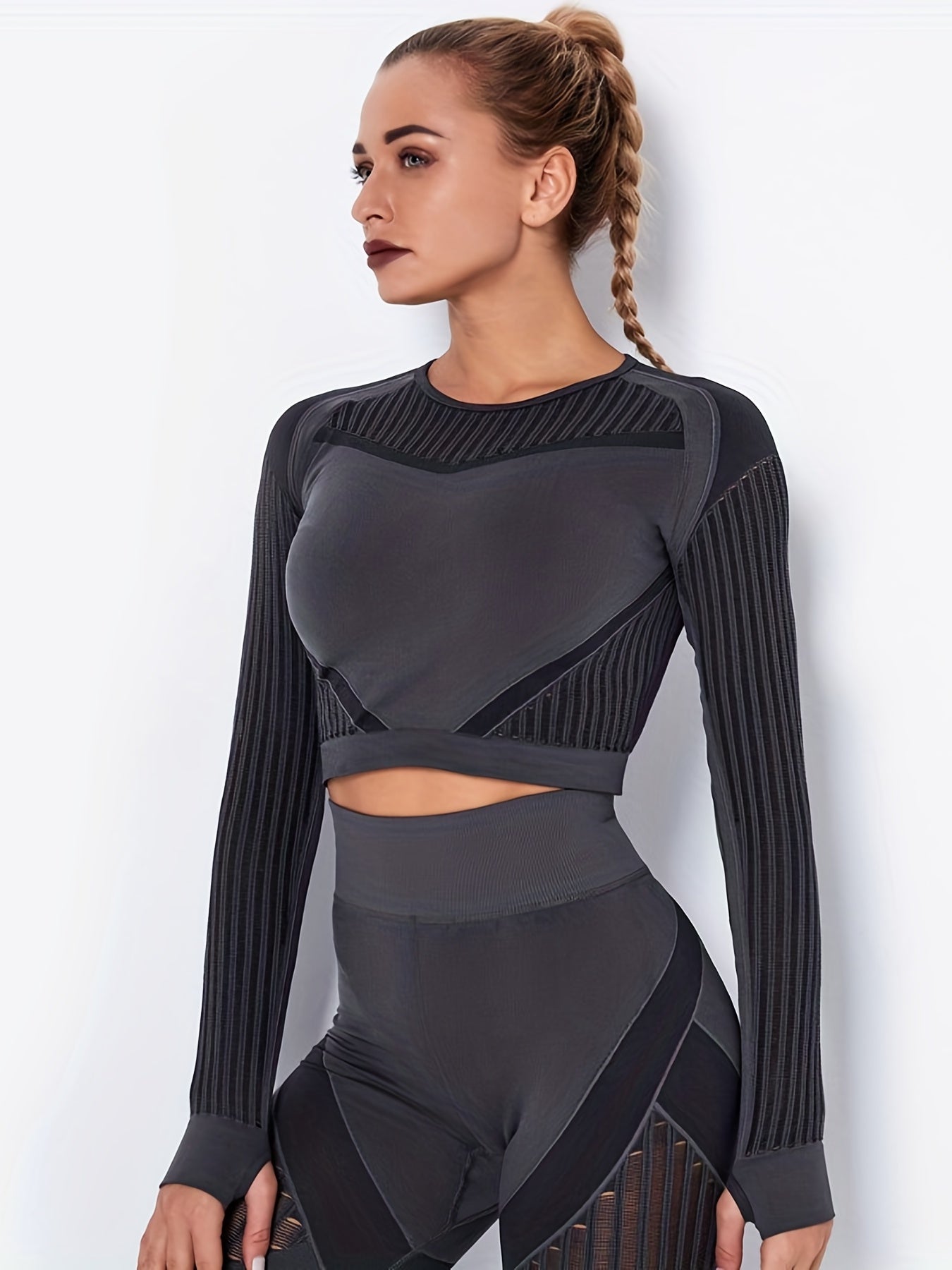 Mesh Long Sleeve Yoga T Shirt with Thumb Hole