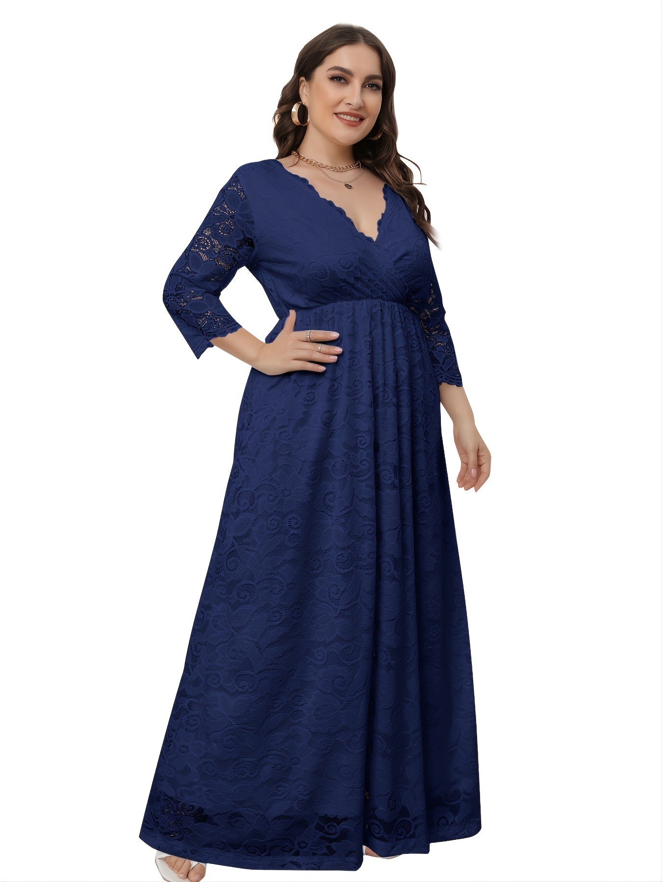 Lace Deep V Neck 3/4 Sleeve Wedding Maxi Dress