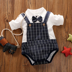 Baby Boys Grid Bow Tie Short Sleeve Suspender Cotton Onesie