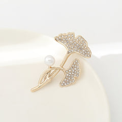 Ginkgo Leaf Scarf Pin Faux Pearl Rhinestone Brooch Women Shawl Clip