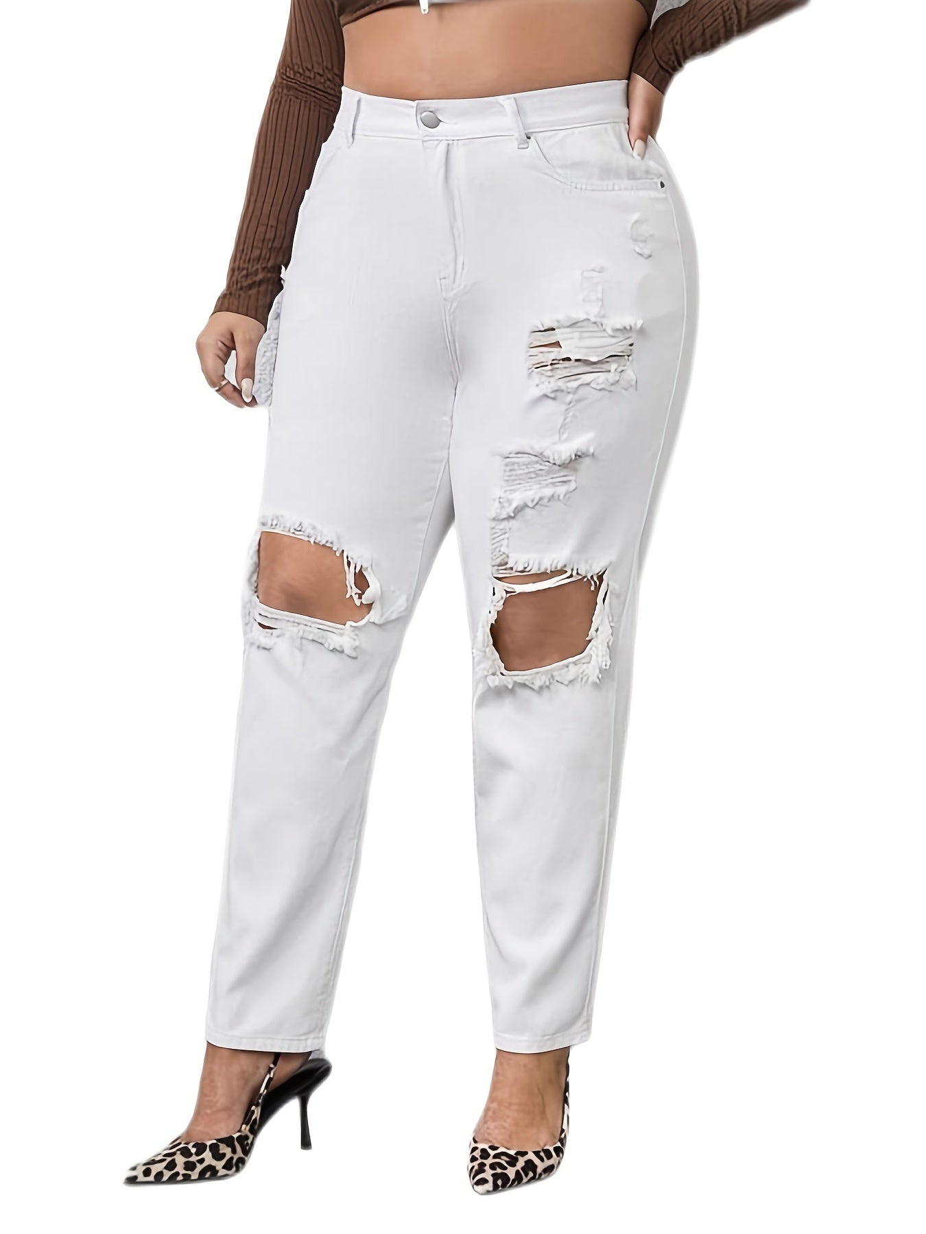 Ripped Button Up Mom Jeans Women's Plus