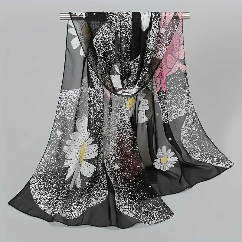 Large Flower Print Chiffon Scarf Boho Dotted Thin Shawl
