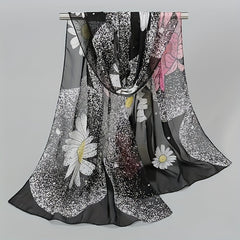 Large Flower Print Chiffon Scarf Boho Dotted Thin Shawl